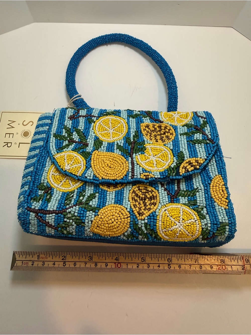 * Multi Blue Striped Beaded Lemon Top Handle or Crossbody Bag